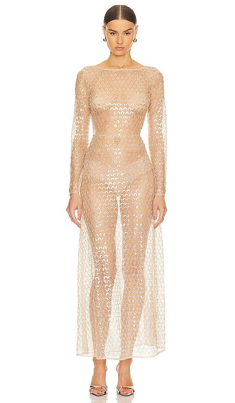 Song of Style Aura Embellished Maxi Dress in Nude Chic Boho Print Maxi Dress