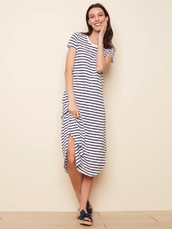 STRIPED COTTON SLUB MAXI DRESS Stylish One-Shoulder Maxi Dress