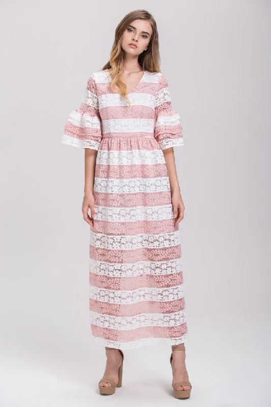 Striped Pink Lace Tiered Ruffle Sleeved Maxi Dress Chic Button-Up Maxi Dress
