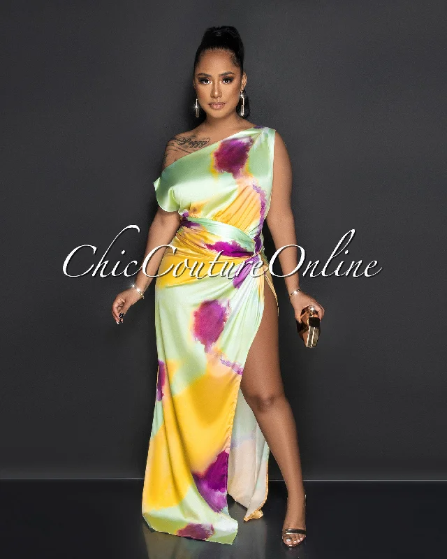 Tayanna Baby Green Watercolor Print High Slit Silky Maxi Dress Comfortable Flowy Maxi Dress