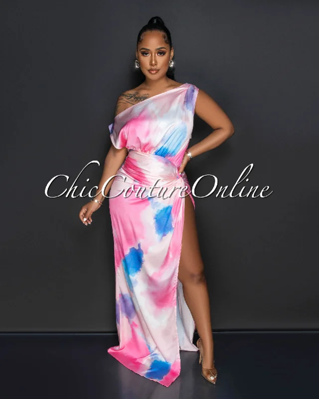 Tayanna Pink Watercolor Print High Slit Silky Maxi Dress Trendy Button Front Maxi Dress