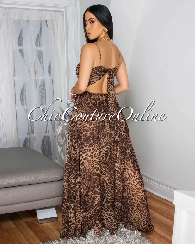 Tierra Leopard Print Tie Cut-Out Back Maxi Dress Comfortable Casual Maxi Dress
