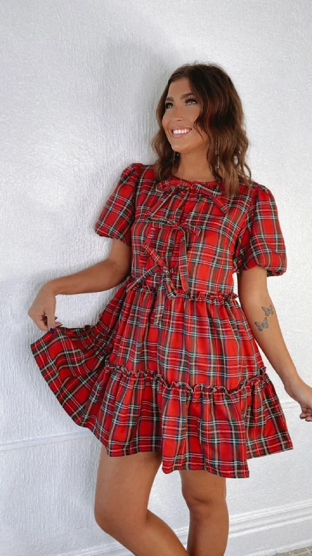 Under The Mistletoe Bow Detail Plaid Mini Dress, Red Fashionable Mini Dress with Frills