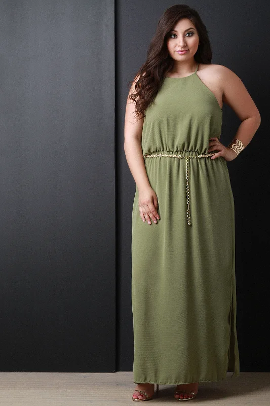 High Neck Cinched Waist Maxi Dress Trendy Off-Shoulder Ruffle Maxi Dress