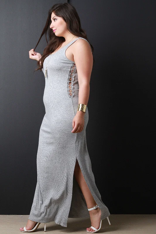 Lace Inset Side Slit Tank Maxi Dress Fashionable Sheer Maxi Dress