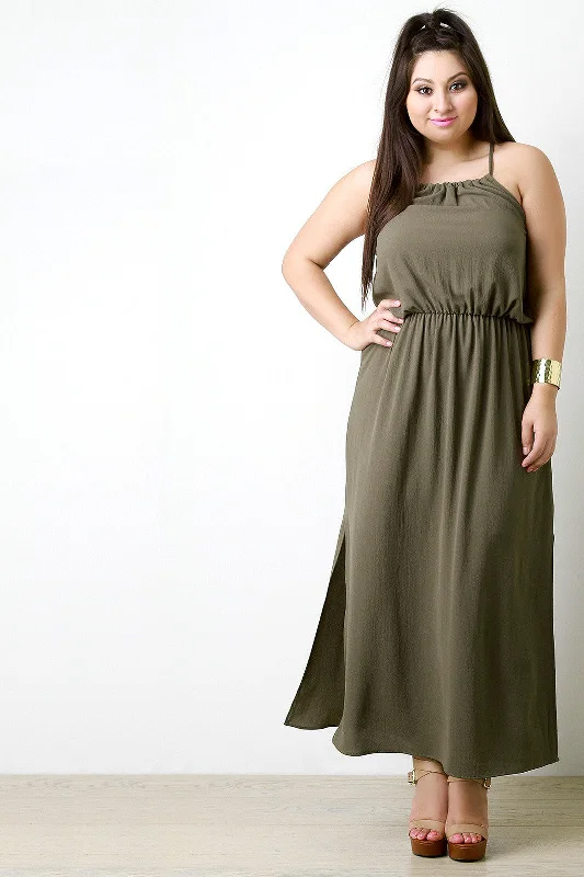 Halter Sleeveless Lace Back Side Slit Maxi Dress Comfortable Plunging Neckline Maxi Dress