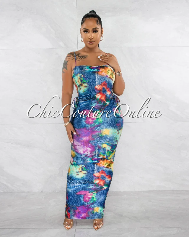 Venia Blue Denim Print Lace-Up Sides Maxi Dress Fashionable Maxi Dress with Fringe