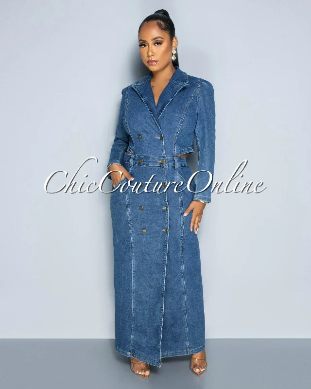 Wade Dark Denim Waist Cut-Out Maxi Dress Cozy Open-Back Maxi Dress
