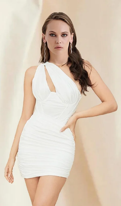 WHITE ONE SHOULDER CUTOUT MINI DRESS Trendy Off-Shoulder Dress Mini