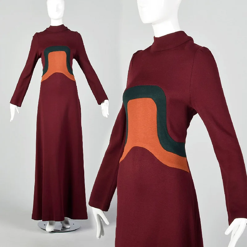 XS 1970s Space Age Mod Maxi Dress Fashionable Faux Wrap Maxi Dress