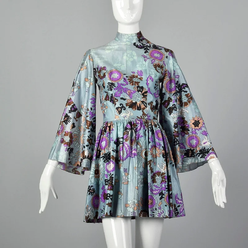 XXS 1960s Floral Mini Dress with Bell Sleeves Stylish Ruffle Mini Dress