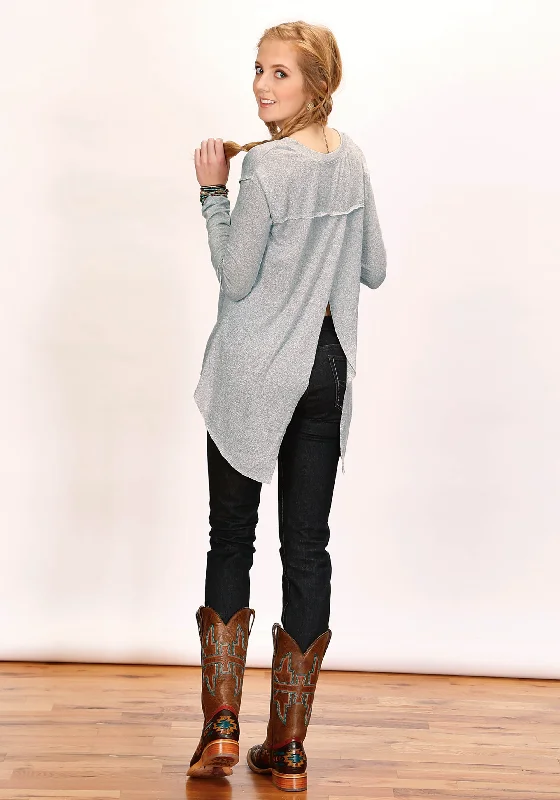 WOMENS LONG SLEEVE PULLOVER MELANGE GREY SWEATER JERSEY T SHIRT WITH THREE QUARTER SLEEVES SPLIT OPEN BACK Layered Multi-layer Single Layer