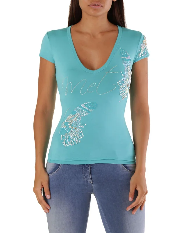 Met Sweet Rhinestone Feather TShirt Turquoise Chenille Blend Fleece Blend Nylon Blend