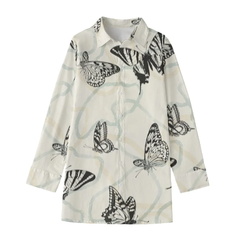 Women's Long Butterfly Print Shirt Terry Blend Velvet Blend Canvas Blend