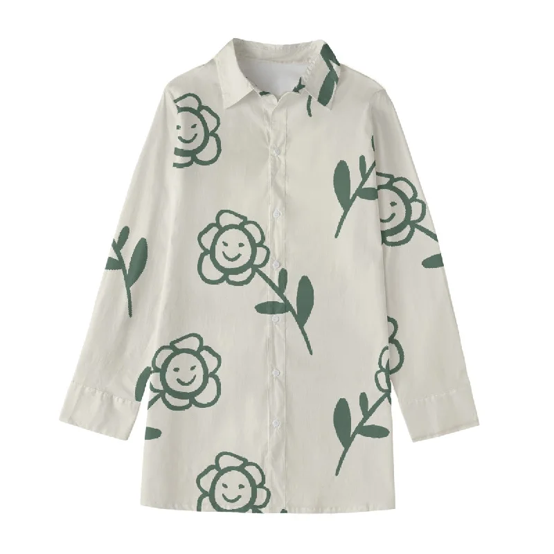 Flower Green (AOP) Women's Long Shirt Elasticated Padded Insulated