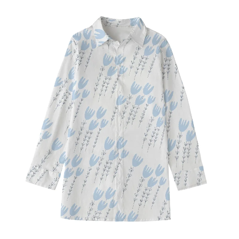 Tulip Blue (AOP) Women's Long Shirt Striped Floral Plaid