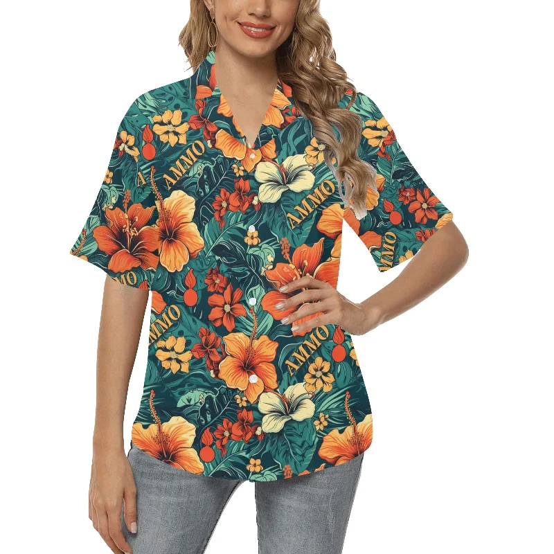 AMMO Orange Hibiscus Flowers Green Leaves AMMO Word and Pisspots Womens Hawaiian Shirt Houndstooth Herringbone Solid