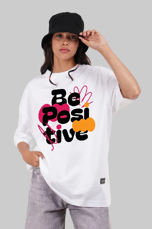 Be Positive Typographic White Baggy Fit T-Shirt Women Lace Blend Ribbed Blend Corduroy Blend