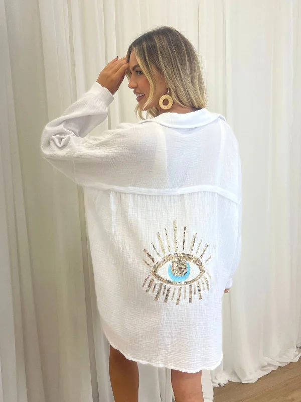 Cleo Eye Sequin Back Beach Shirt / White Satin Blend Silk Blend Wool Blend