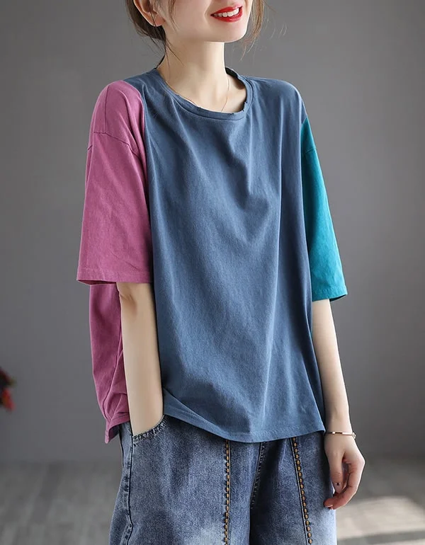 Color Stitching Loose Casual Cotton T-shirt Basic T-Shirt Crew Neck Short Sleeve