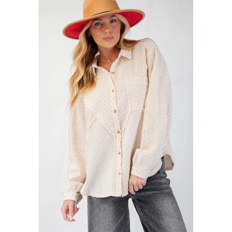 Easel Cream Printed Button Down Shirt Terry Blend Velvet Blend Canvas Blend