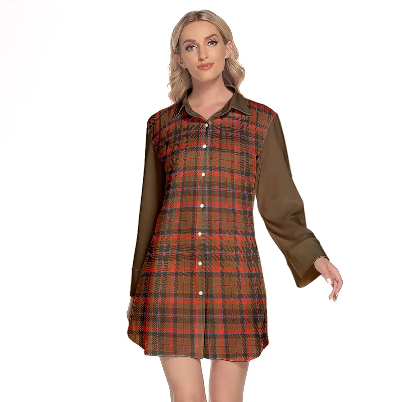 Cumming Hunting Weathered Tartan Women's Lapel Shirt Dress With Long Sleeve Print Jacquard Patchwork