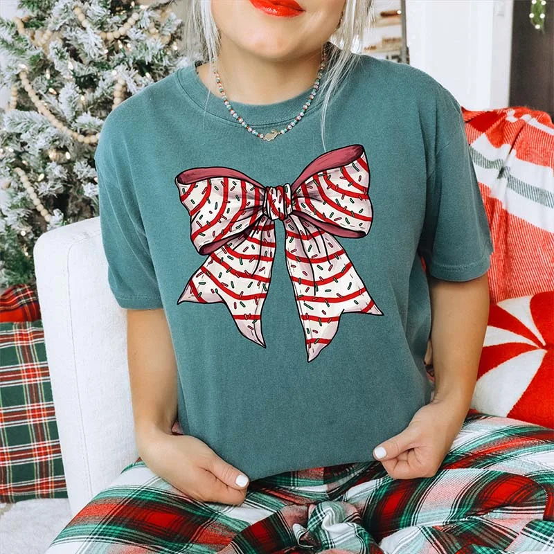Christmas Cake Bow Short Sleeve T-Shirt Chenille Brocade Lace