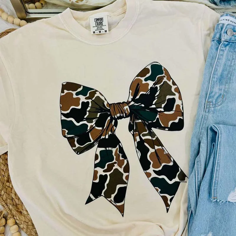 Old School Camo Bow Short Sleeve T-Shirt Terry Blend Velvet Blend Canvas Blend
