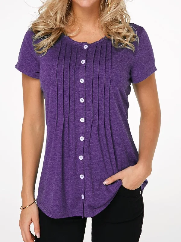 hoombox Fashion Button Round Neck Short-Sleeved T-Shirt Notch Collar Peter Pan Collar Cowl Neck