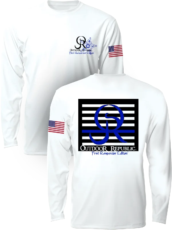 First Responder - Blue Line UPF Performance Shirt (unisex) Ribbed T-Shirt High Neck Heavyweight