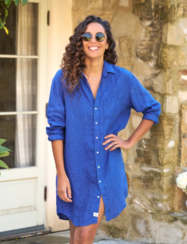 Frank & Eileen - Mary Classic Shirtdress in Bright Blue Linen Collared Crew Neck Turtle Neck