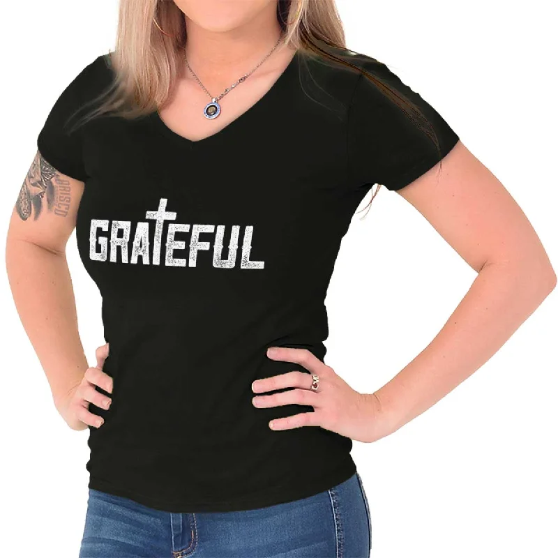 Grateful Junior Fit V-Neck T-Shirt Welt Pockets Slit Pockets
