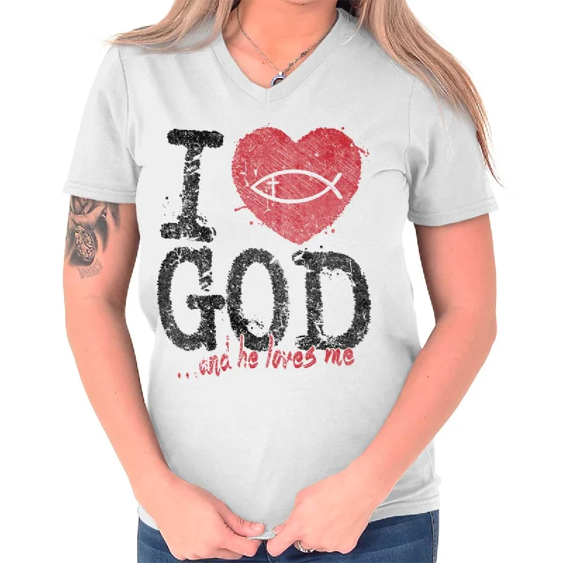 I Love God V-Neck T Shirt Solid Color Striped Floral