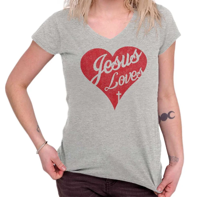 Jesus Loves Junior Fit V-Neck T-Shirt Polka Dot Checkered Tartan