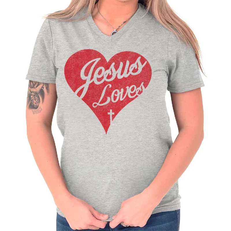 Jesus Loves V-Neck T-Shirt Handmade Hand-knitted Hand-woven