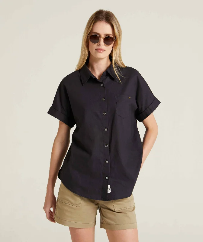 Ladies Short Sleeve Linen Blend Shirt - Navy Jersey Fabric Tulle Fabric Batik Fabric
