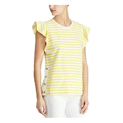 LAUREN RALPH LAUREN Flutter-Sleeve Cotton T-Shirt (Mascarpone Cream Yellow, XXL) Striped Floral Plaid