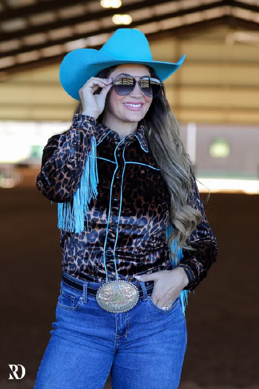 LEOPARD & FRINGE VELVET PERFORMANCE RODEO SHIRT Nylon Fabric Polyester Fabric Spandex Fabric