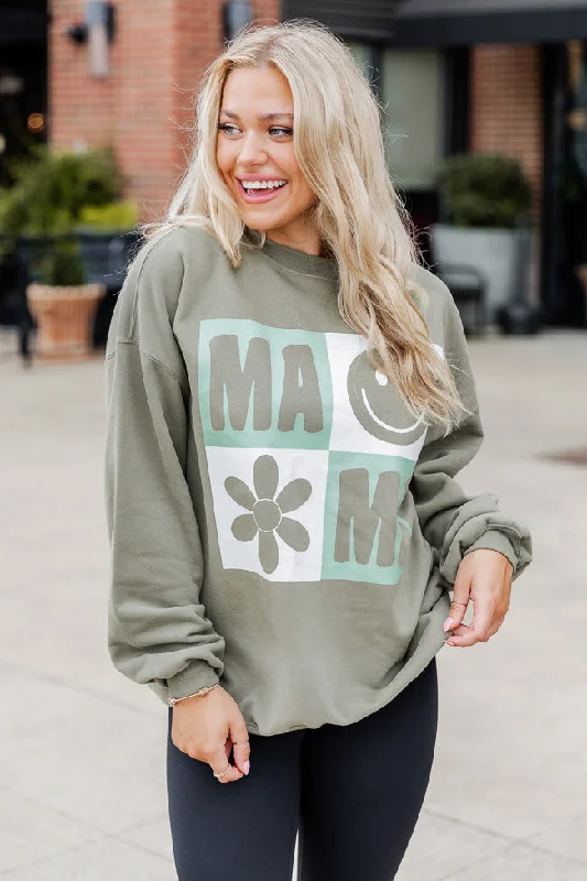 Mama Retro Olive Oversized Graphic Sweatshirt Cotton Fabric Linen Fabric Terry Fabric