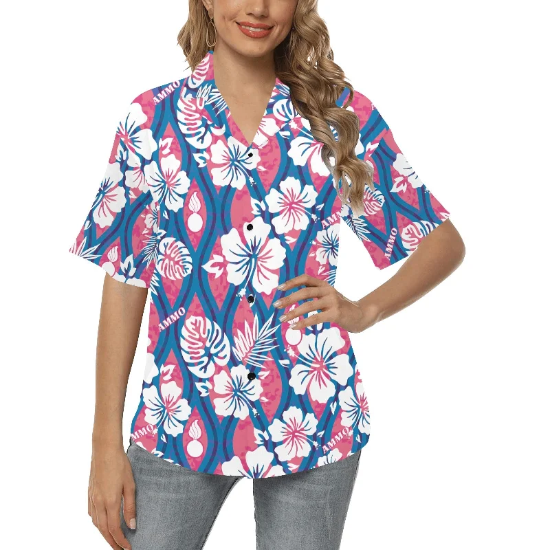 Pink White Blue USAF AMMO Pisspot Womens Hawaiian Shirt Hooded Caped Shawl Collar