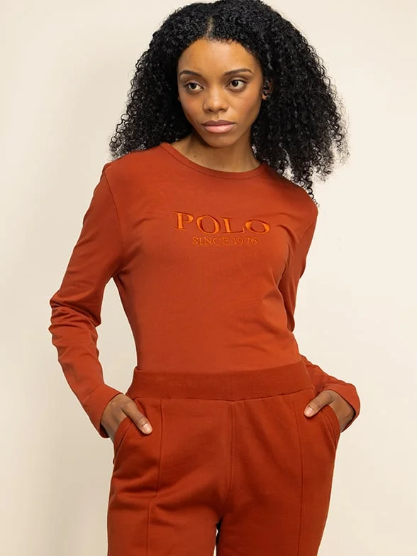 Polo 0042671 Women Zyanda L/S Logo T-Shirt  Rust Rayon Fabric Velvet Fabric Corduroy Fabric