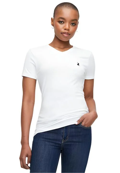 Polo 0048916 Wmn Kelly V-Neck T-Shirt White Knit Fabric Woven Fabric Fleece Fabric