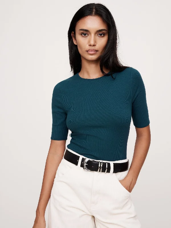 Ribbed Elbow-Sleeve T-Shirt Fitted T-Shirt Seamless Stretchy