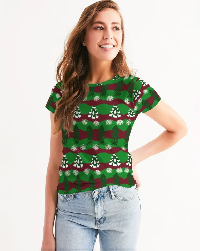 Snowy Evergreen Pattern Women's Tee Elasticated Padded Insulated