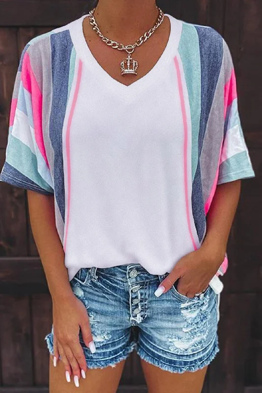 V Neck T Shirt Half Sleeve Stripes Pink Blue Green Stretchy Polyester Ribbed T-Shirt High Neck Heavyweight