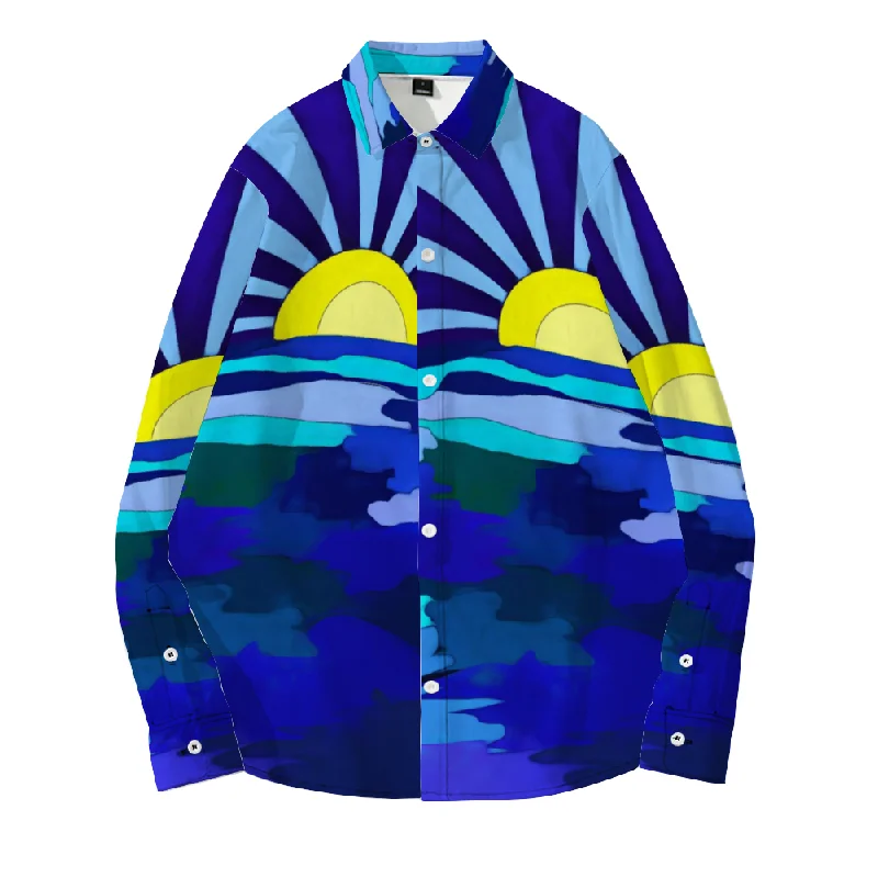 Sunset Along The Lake Custom All Over Print Women's Long Sleeves Shirt with Button Print Jacquard Patchwork