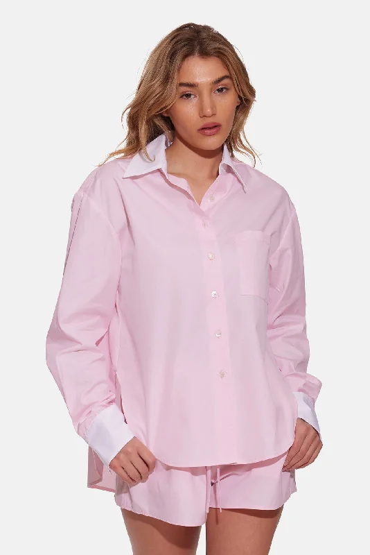 Lily Poplin Boyfriend Shirt Pink W/ White Collar Collared T-Shirt Boat Neck A-Line