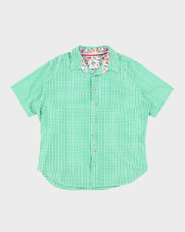 Vintage Green Gingham Shirt - XXL Notch Collar Peter Pan Collar Cowl Neck