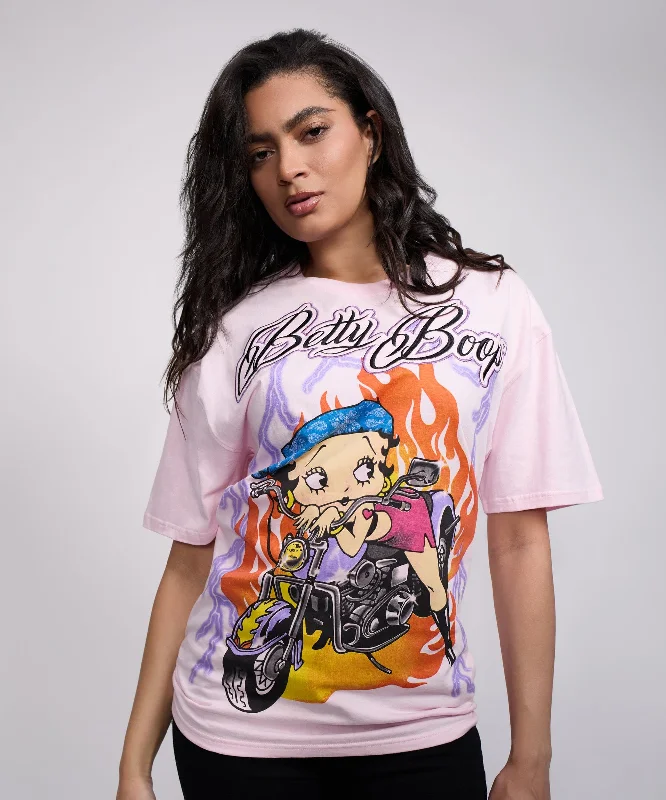 Women Betty Boop Biker Short Sleeve Tee - Pink Cashmere Blend Cotton Blend Poly Blend