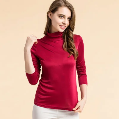 Women Silky Long Sleeve Turtleneck Shirt For Wear Alone or Layered Spandex Blend Rayon Blend Denim Blend